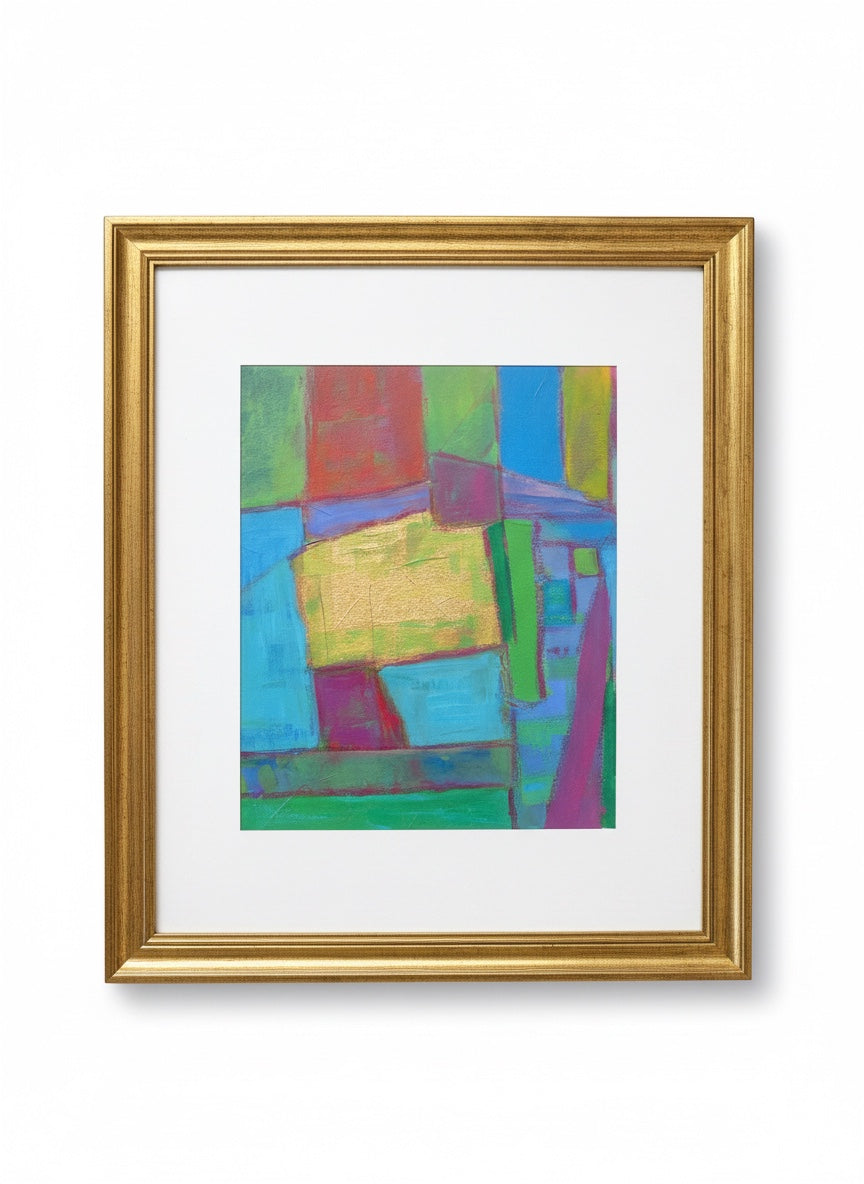 Chic Collective Golden Interlude abstract geometric art with jewel tones and gold leaf accents, framed in antique gold.