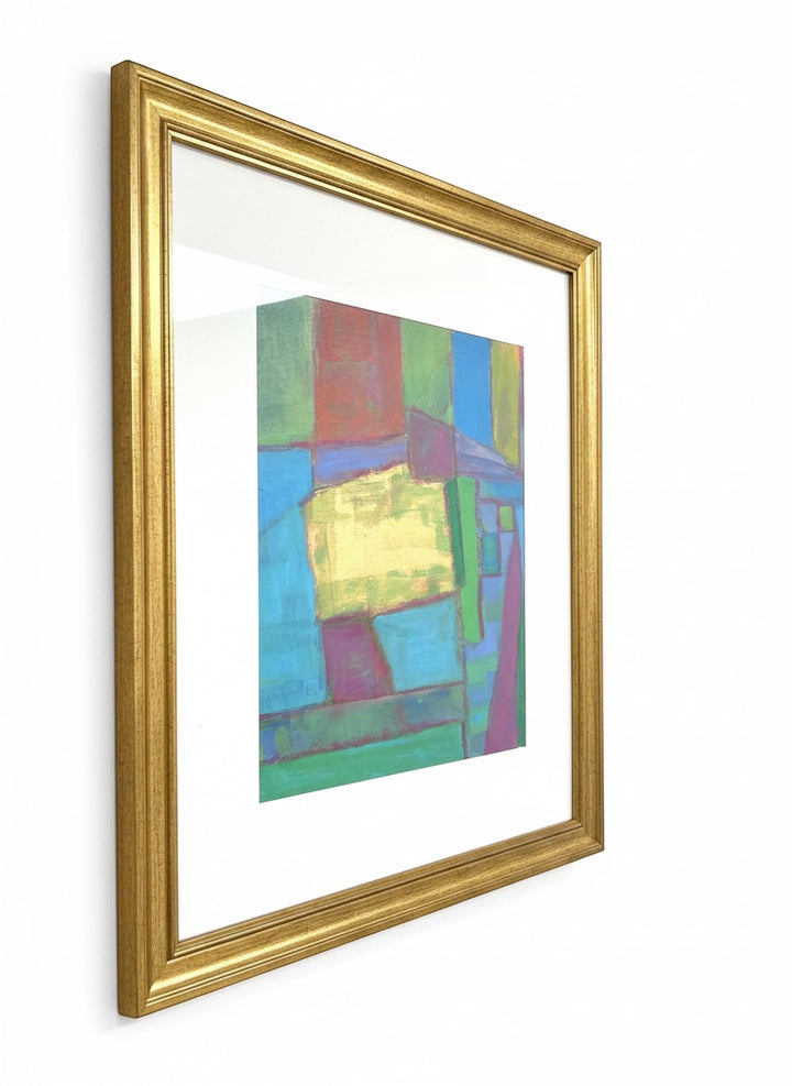 Chic Collective Golden Interlude abstract geometric painting with jewel tones and gold leaf accents, antique gold frame.