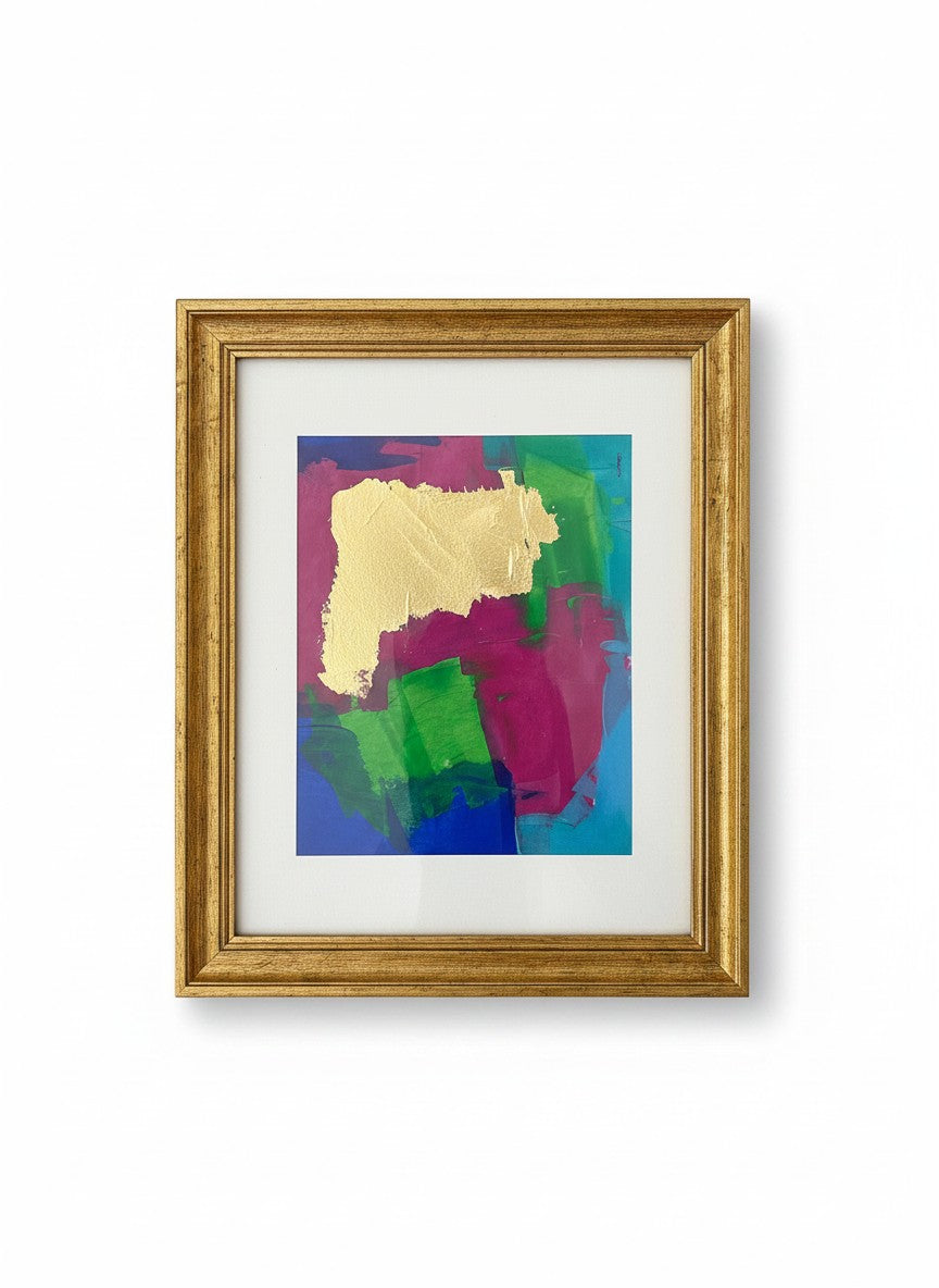 Chic Collective Golden Interruption abstract art with gold leaf overlay on vibrant blue, green, and magenta background, framed in gold.