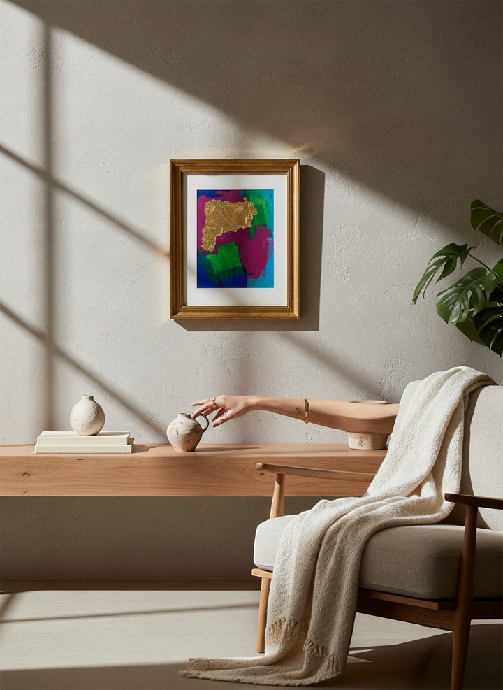 Chic Collective Golden Interruption abstract art with gold leaf, cobalt, emerald, turquoise, and orchid colors, framed in gold.