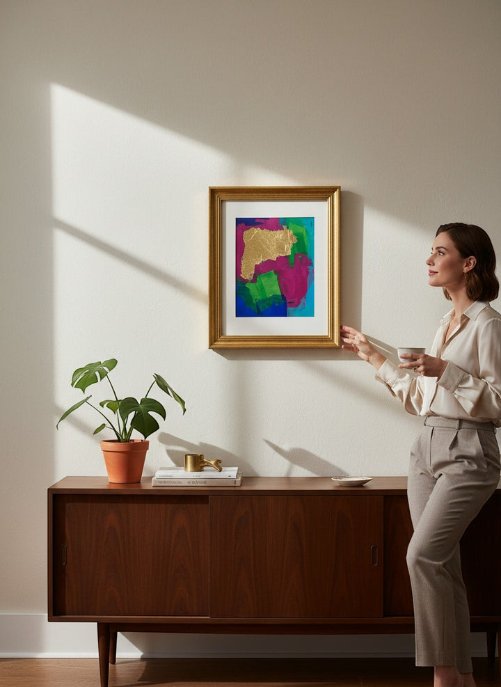 Chic Collective Golden Interruption abstract art with gold leaf, cobalt, emerald, turquoise, and orchid colors, framed in gold.