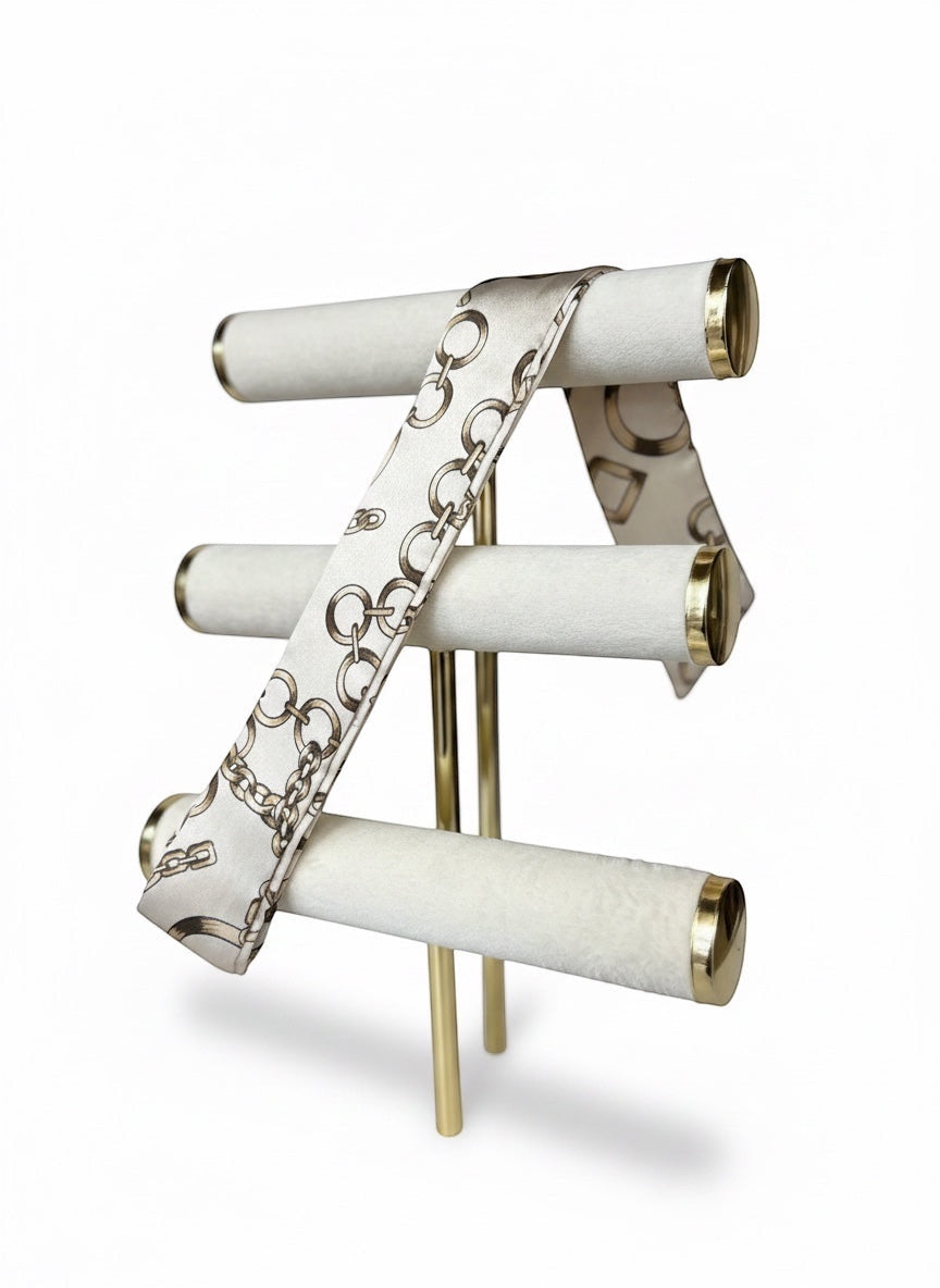 Chic Collective Golden Link Ribbon Tie in ivory and gold chain print, satin finish.