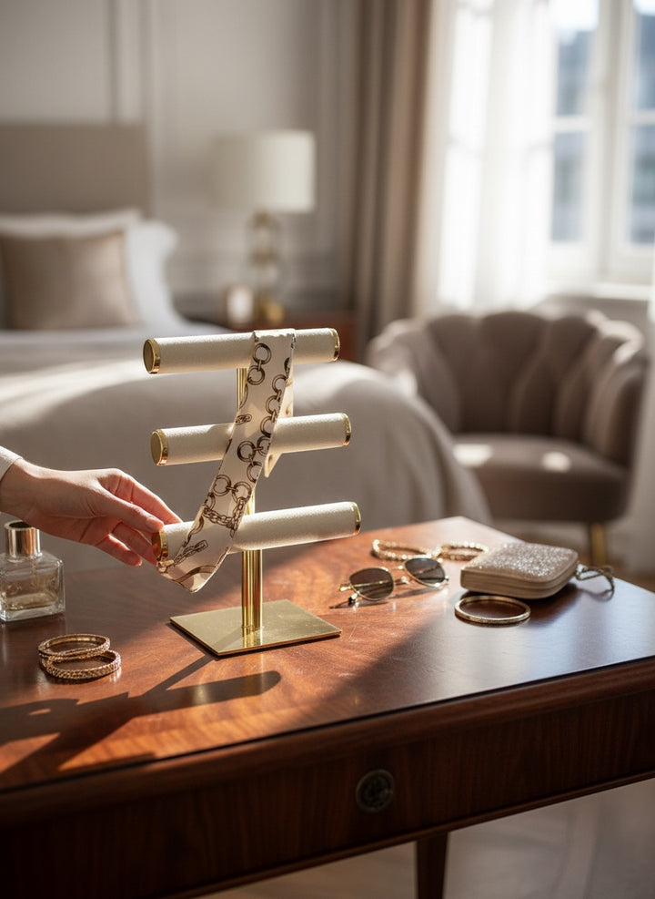 Chic Collective Golden Link Ribbon Tie, a silky scarf with a chain-link print in ivory and gold, displayed on a jewelry stand.