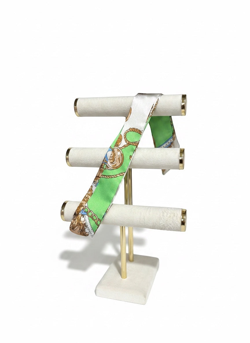 Chic Collective green gold ribbon tie with nautical print in cobalt blue, camel, ivory, and orange. Versatile accessory.