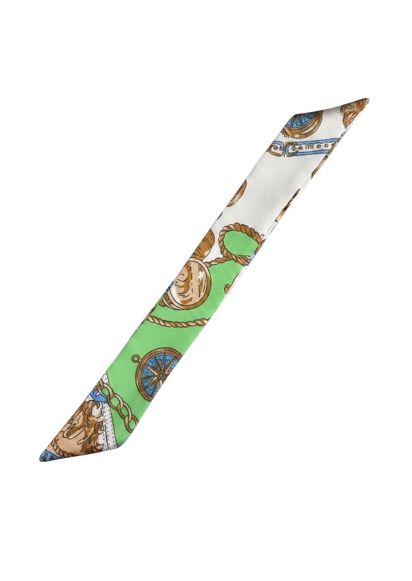 Chic Collective green gold ribbon tie with nautical print in cobalt blue, camel, ivory, and orange.