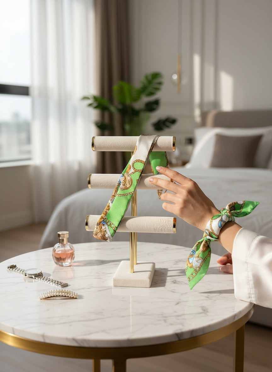 Chic Collective green gold ribbon tie with nautical print, styled on wrist. Silk accessory with cobalt, camel, ivory, orange.