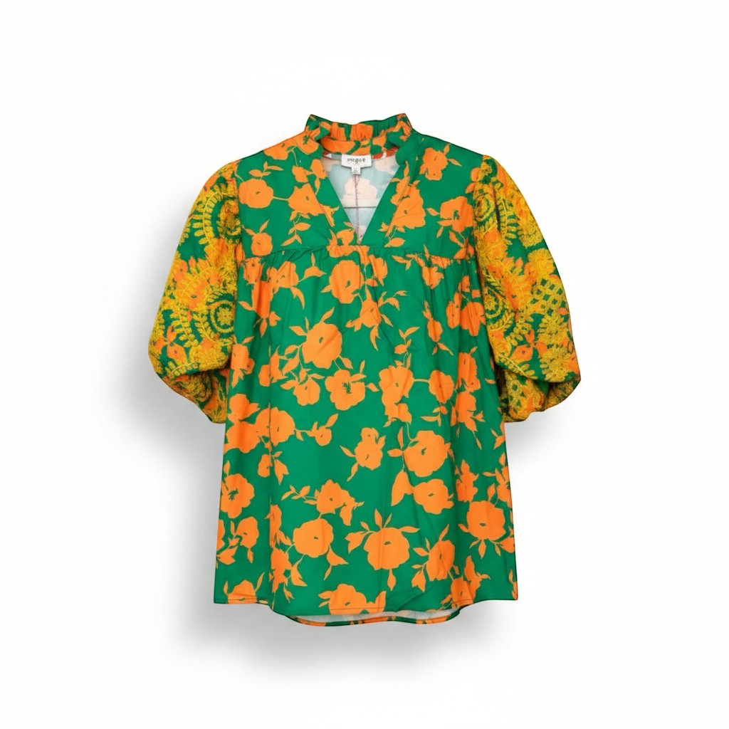 Chic Collective green and yellow floral print top with embroidered sleeves and a high neckline.