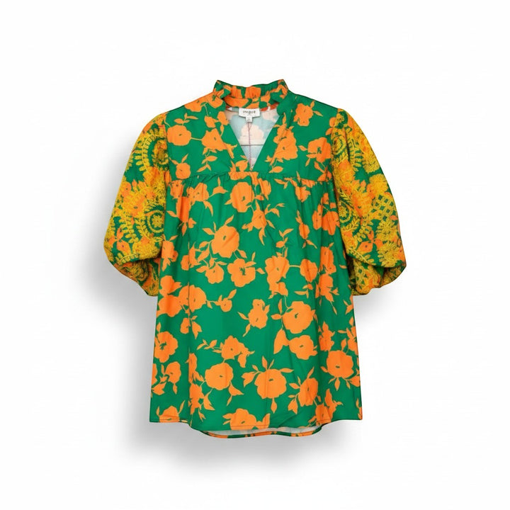 Chic Collective green and yellow floral print top with embroidered sleeves and high neckline.