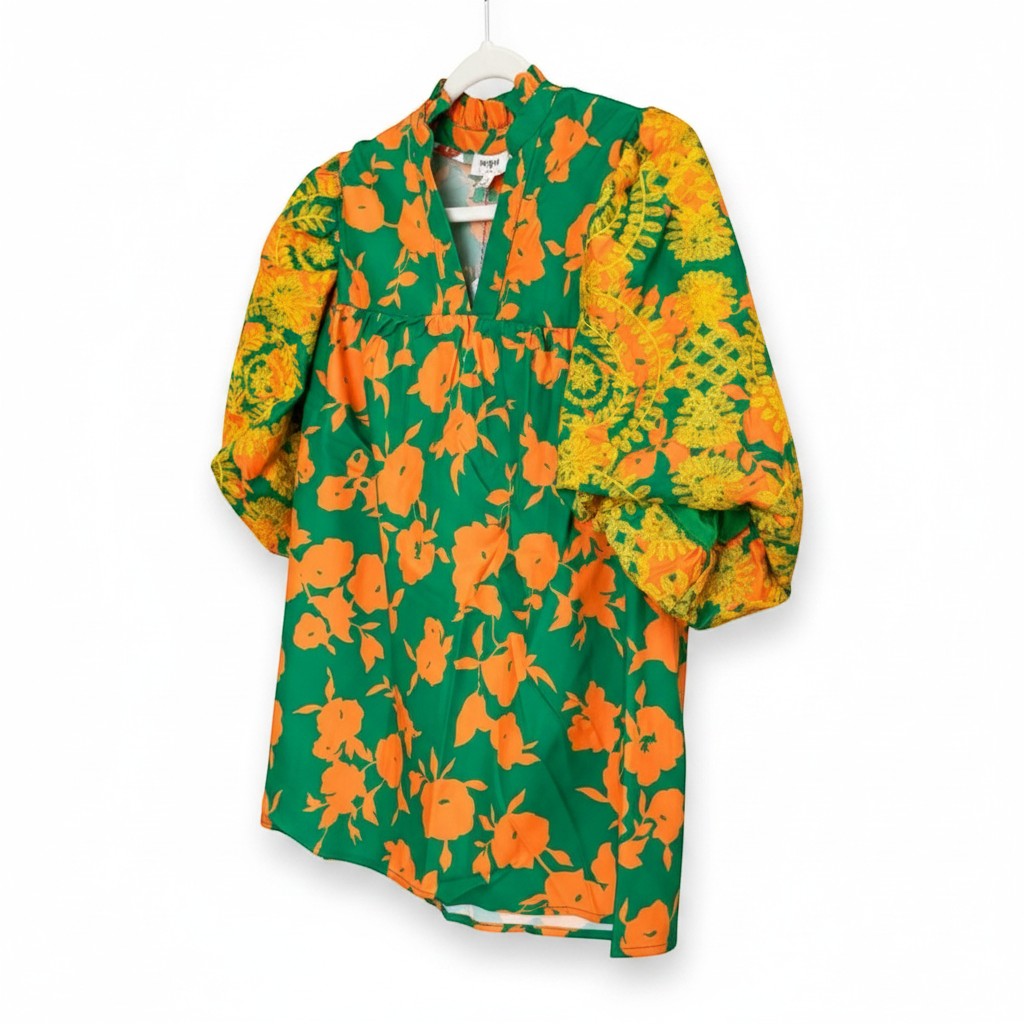 Chic Collective green and yellow embroidered top with floral print and puff sleeves, suitable for casual or festive wear.