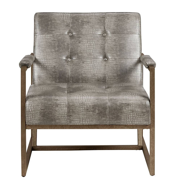 Chic Collective grey snakeskin PU leather accent chair with tufted back and antique bronze metal frame.