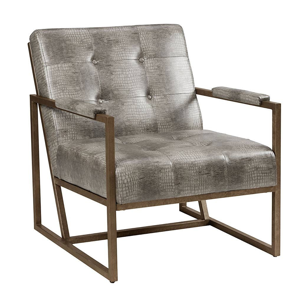Chic Collective grey snakeskin PU leather accent chair with tufted seat and antique bronze metal frame.