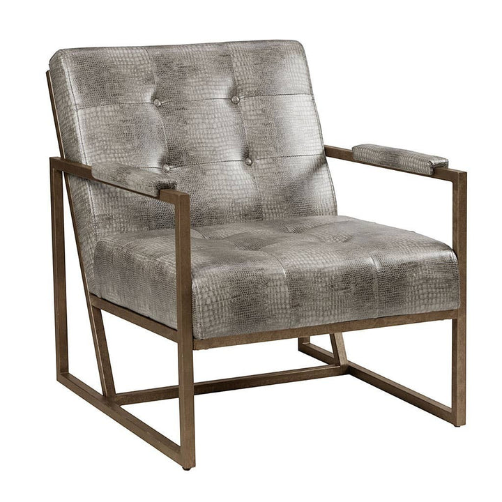 Chic Collective grey snakeskin PU leather accent chair with tufted seat and antique bronze metal frame.