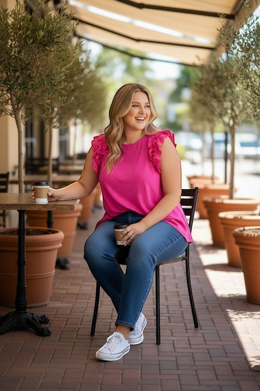 Chic Collective hot pink crinkle short sleeve top with double ruffle detail, worn by a woman sitting at a cafe.