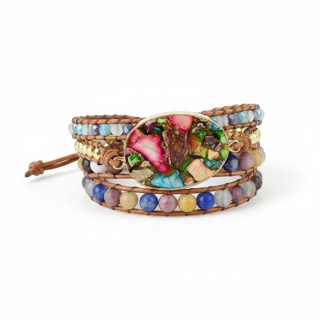 Chic Collective handmade boho wrap bracelet with color splash jasper, genuine leather, and mixed natural stones.