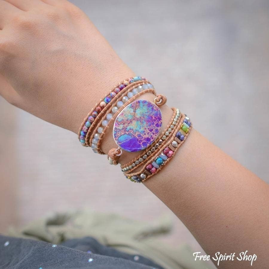 Chic Collective handmade wrap bracelet with purple &amp; turquoise jasper stone, natural stones, and genuine leather.