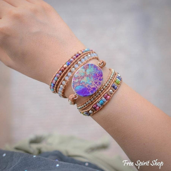 Chic Collective handmade wrap bracelet with purple &amp; turquoise jasper stone, natural stones, and genuine leather.