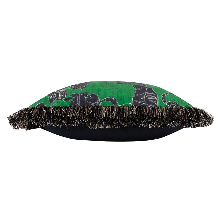 Chic Collective jungle green velvet cushion with black wildcat print and fringed edge.