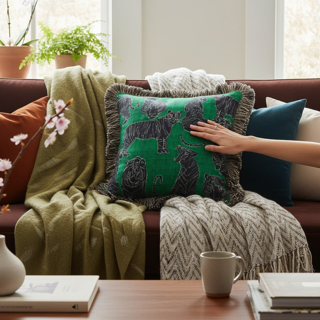 Chic Collective jungle green velvet cushion with black wildcat print and fringed edges, styled on a sofa with throws.