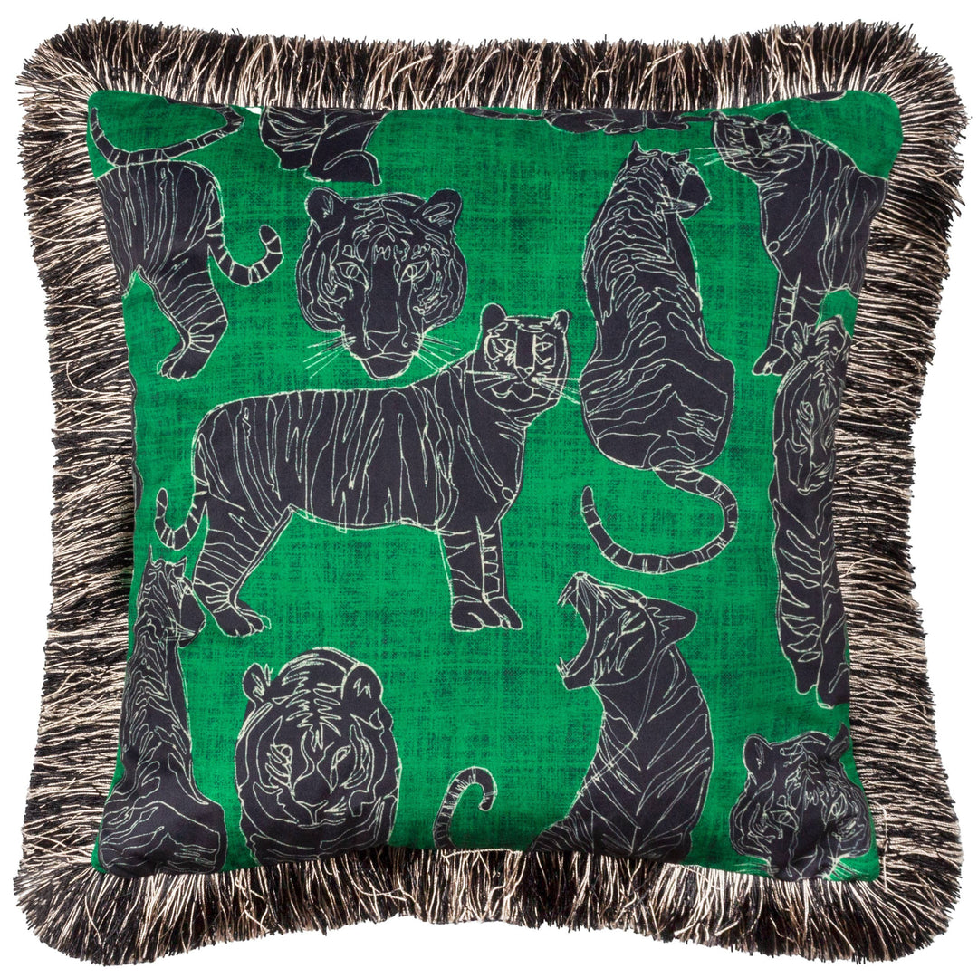 Chic Collective jungle green velvet cushion with black and white tiger print and fringed edges.