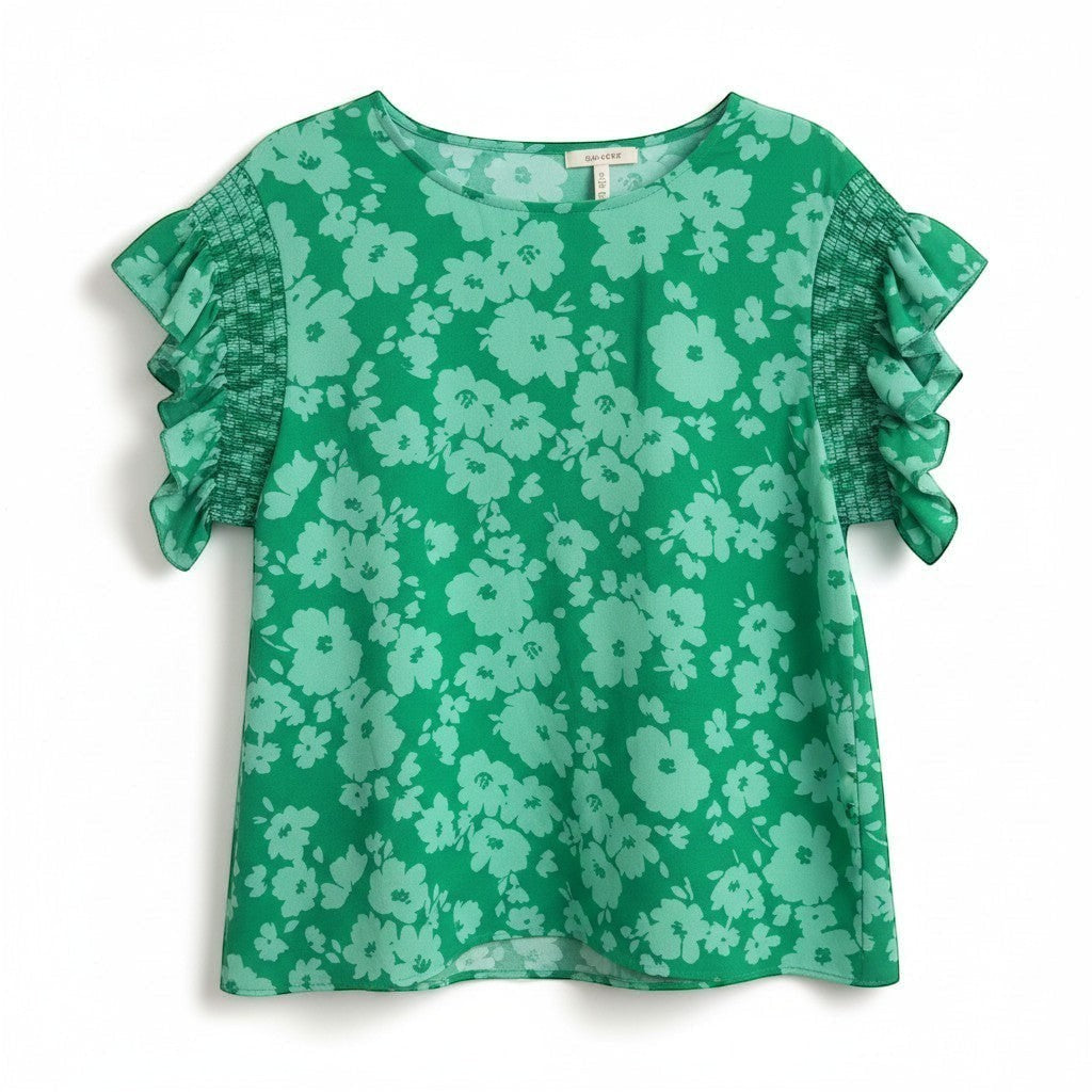 Chic Collective Kelly green woven blouse with smocked frilly sleeves and a light green floral print.