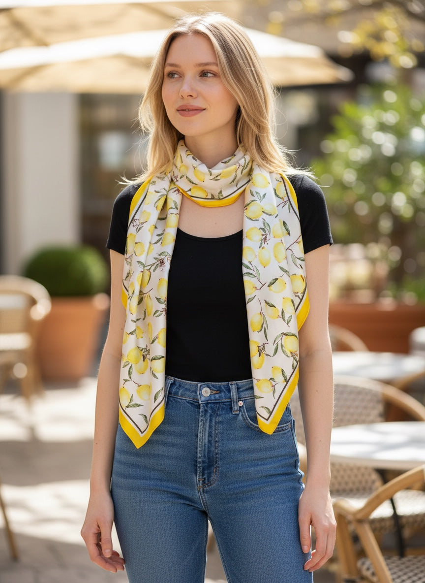 Chic Collective ivory satin scarf with yellow lemons and green leaves print, yellow border.