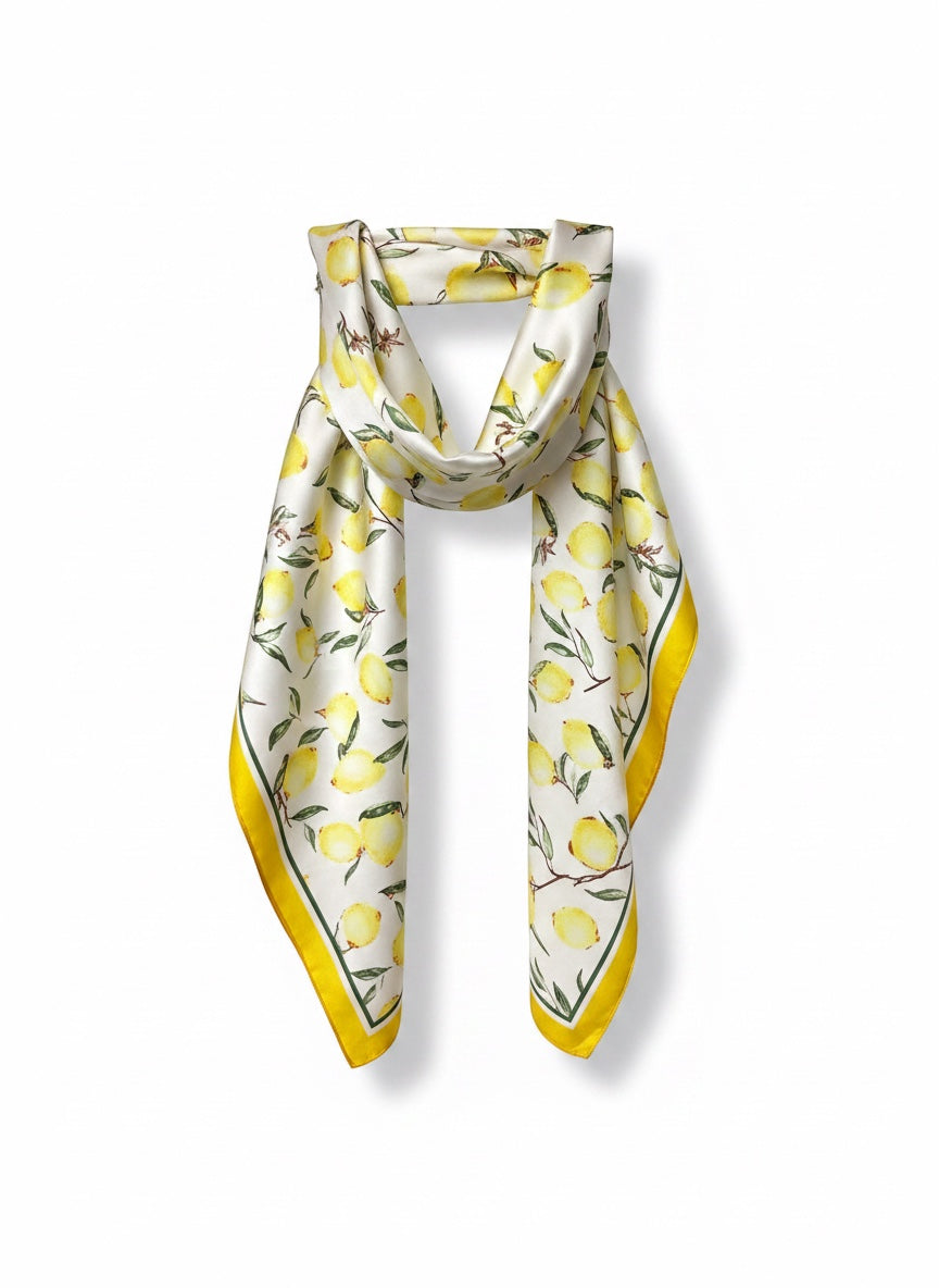 Chic Collective Amalfi Lemon Scarf: Ivory satin scarf with watercolor lemons and green leaves, yellow border.