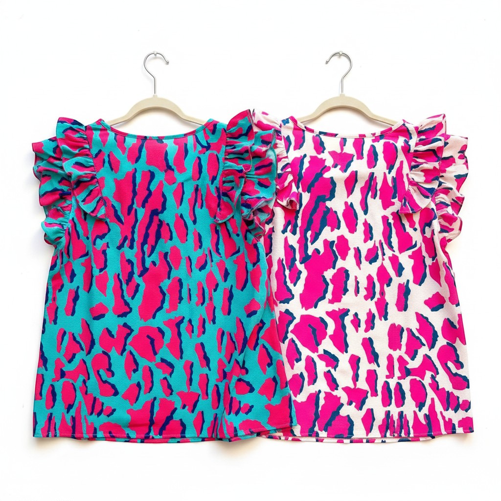 Chic Collective two leopard print tops, one teal and pink, the other white and pink, with ruffled sleeves.