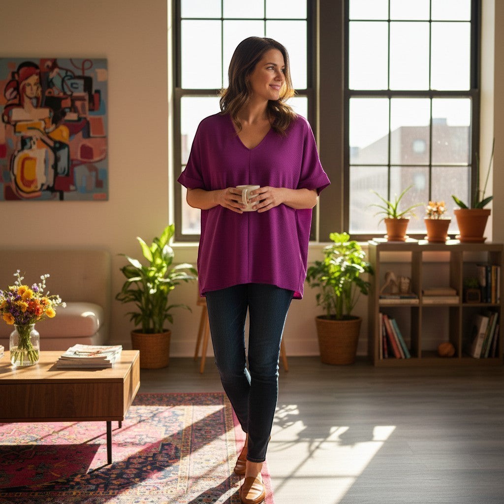Chic Collective light plum woven dolman top with V-neck, worn by a woman holding a mug in a living room.