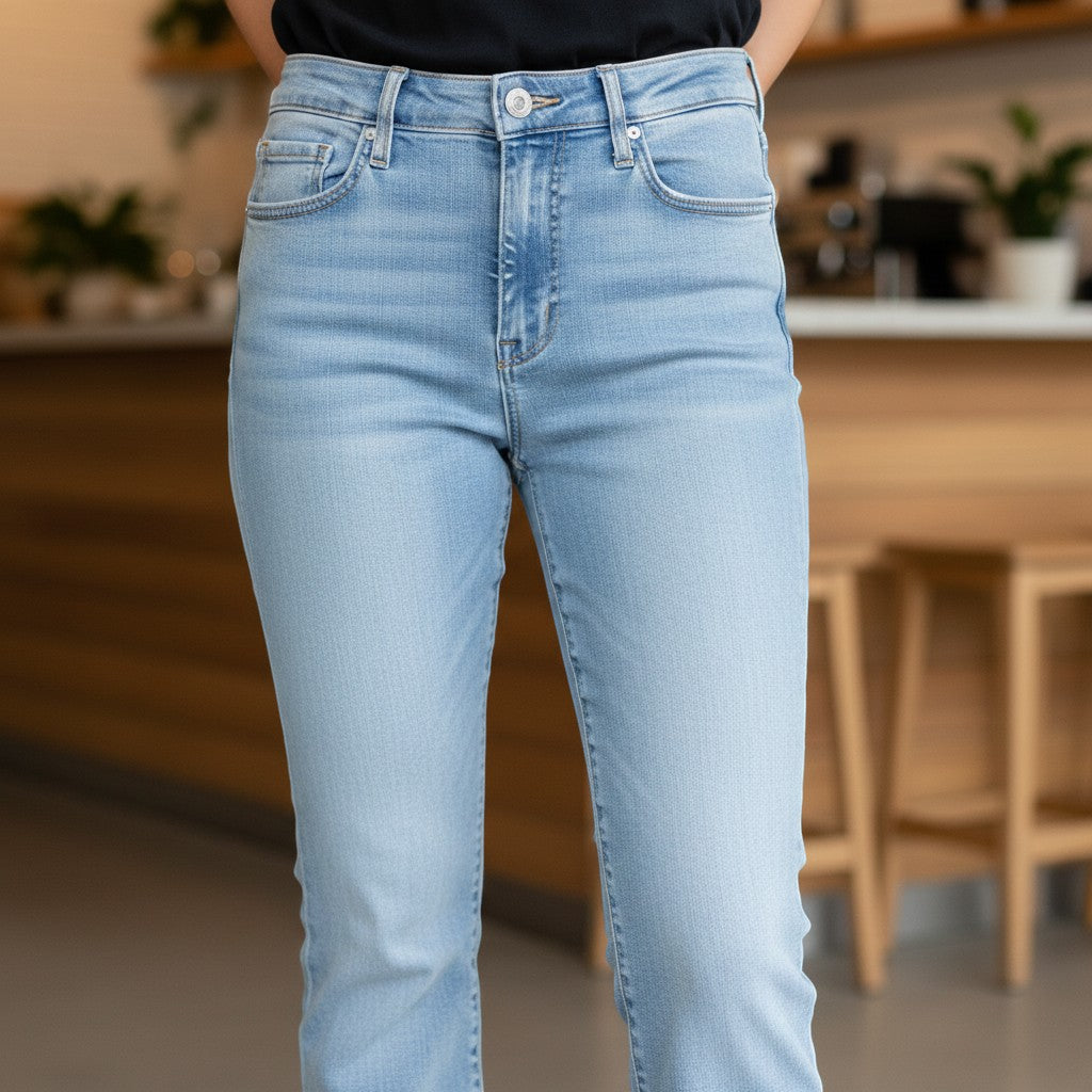 Chic Collective Risen Mid Rise Frayed jeans in light wash denim, size 7. Straight leg with frayed hem.