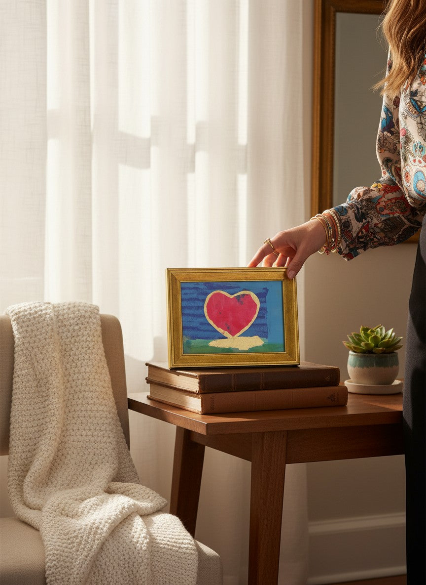 Chic Collective Love Notes framed abstract art with pink heart on blue and green background, gold accents.