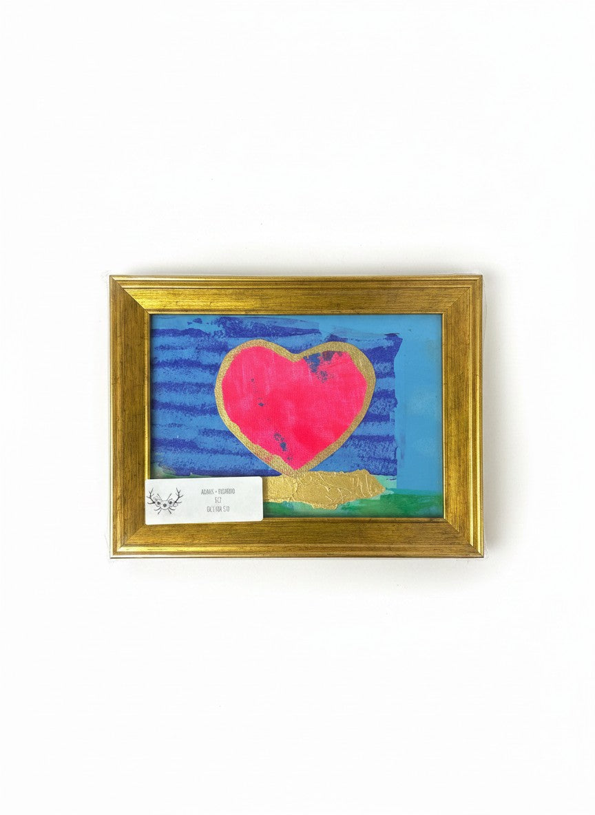 Chic Collective Love Notes abstract art with pink heart, gold outline, blue stripes, and gold accents, framed in antique gold.