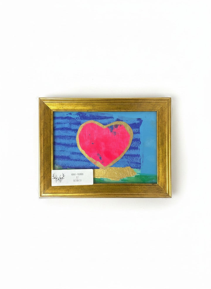 Chic Collective Love Notes abstract art with pink heart, gold outline, blue stripes, and gold accents, framed in antique gold.