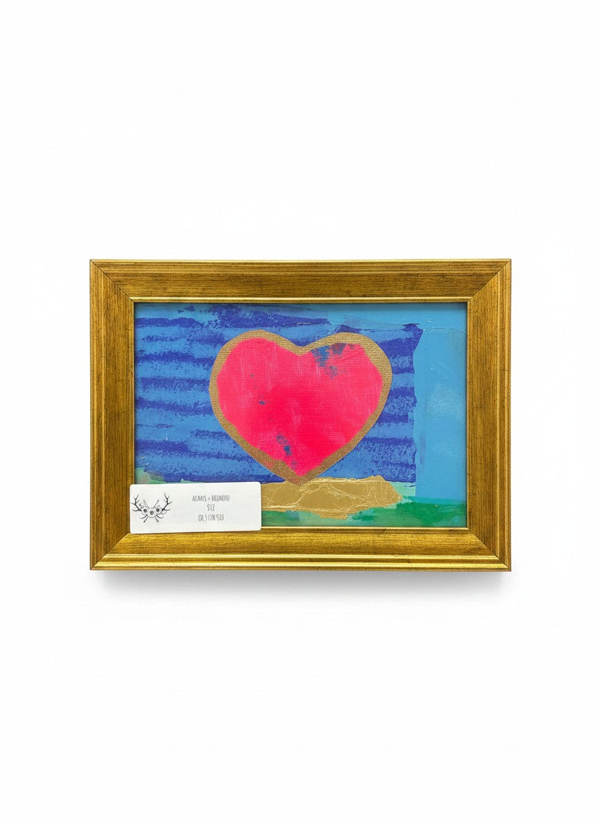 Chic Collective Love Notes abstract painting with pink heart, gold outline, blue background, and gold leaf accents. Framed in gold.