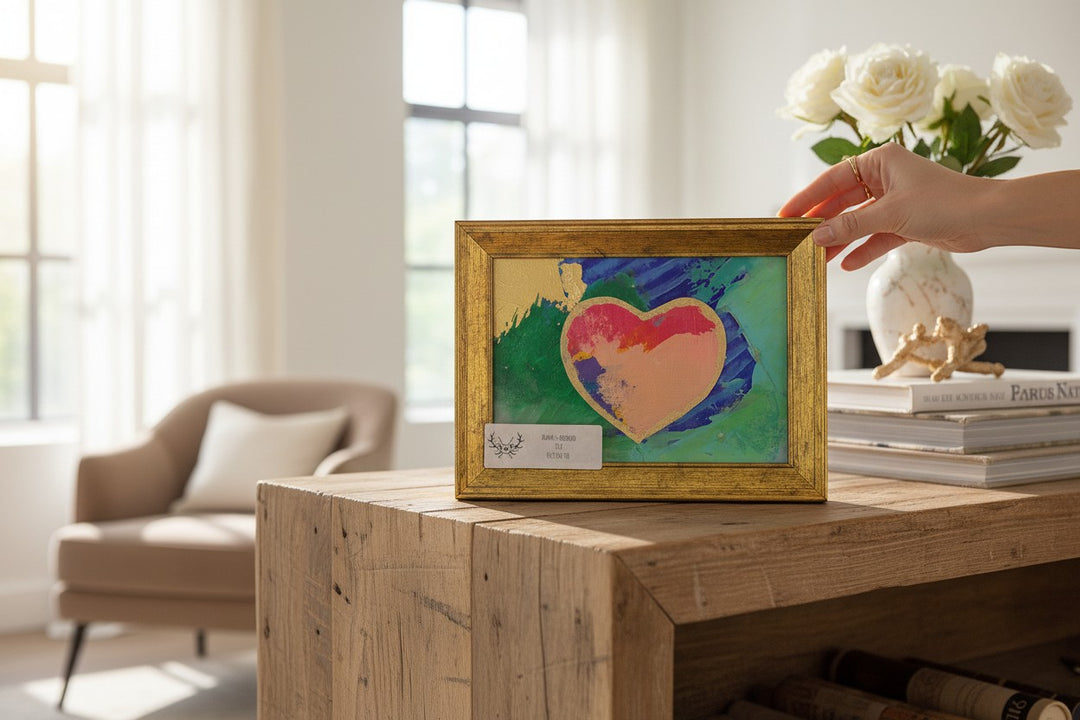 Chic Collective Luminous Wings framed art with a pink and gold heart on a textured background of jewel-toned purples and blues.