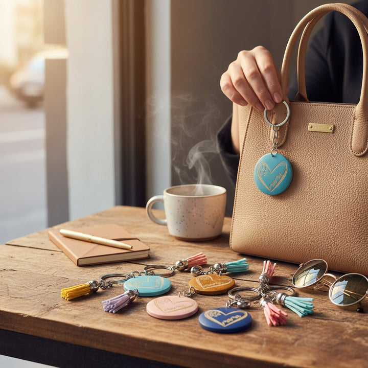 Chic Collective Mama Keychain in blue with heart detail, attached to a tan handbag. Several other keychains with tassels are on a wooden table.