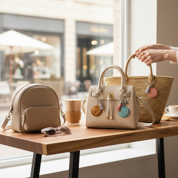 Chic Collective Mama Keychain with heart charm and tassel, attached to a cream handbag. Also shown is a beige backpack and straw tote.