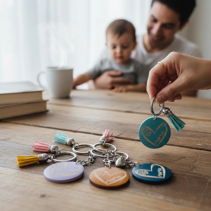 Chic Collective Mama keychain with teal heart design and tassel, surrounded by other colorful keychains on a wooden table.
