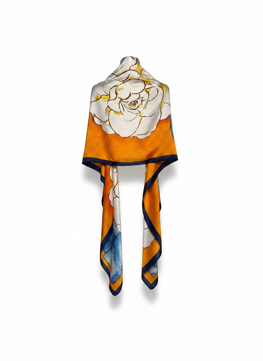Chic Collective Marigold Bloom Scarf: Oversized ivory florals on marigold orange with cobalt blue accents. Lightweight silk.