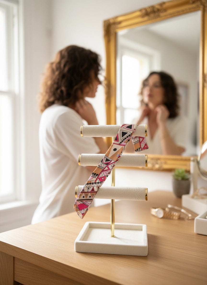 Chic Collective Marrakech Muse Ribbon Tie with geometric print in blush pink, magenta, camel, black, and lavender.