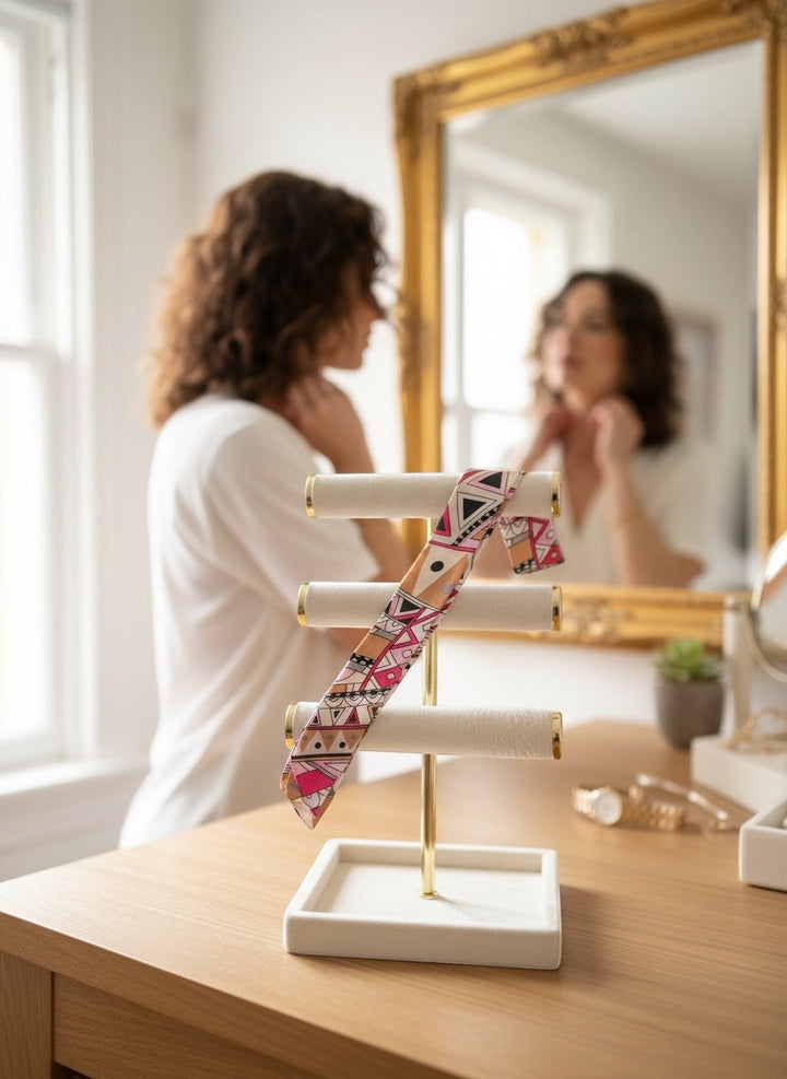 Chic Collective Marrakech Muse Ribbon Tie with geometric print in blush pink, magenta, camel, black, and lavender.