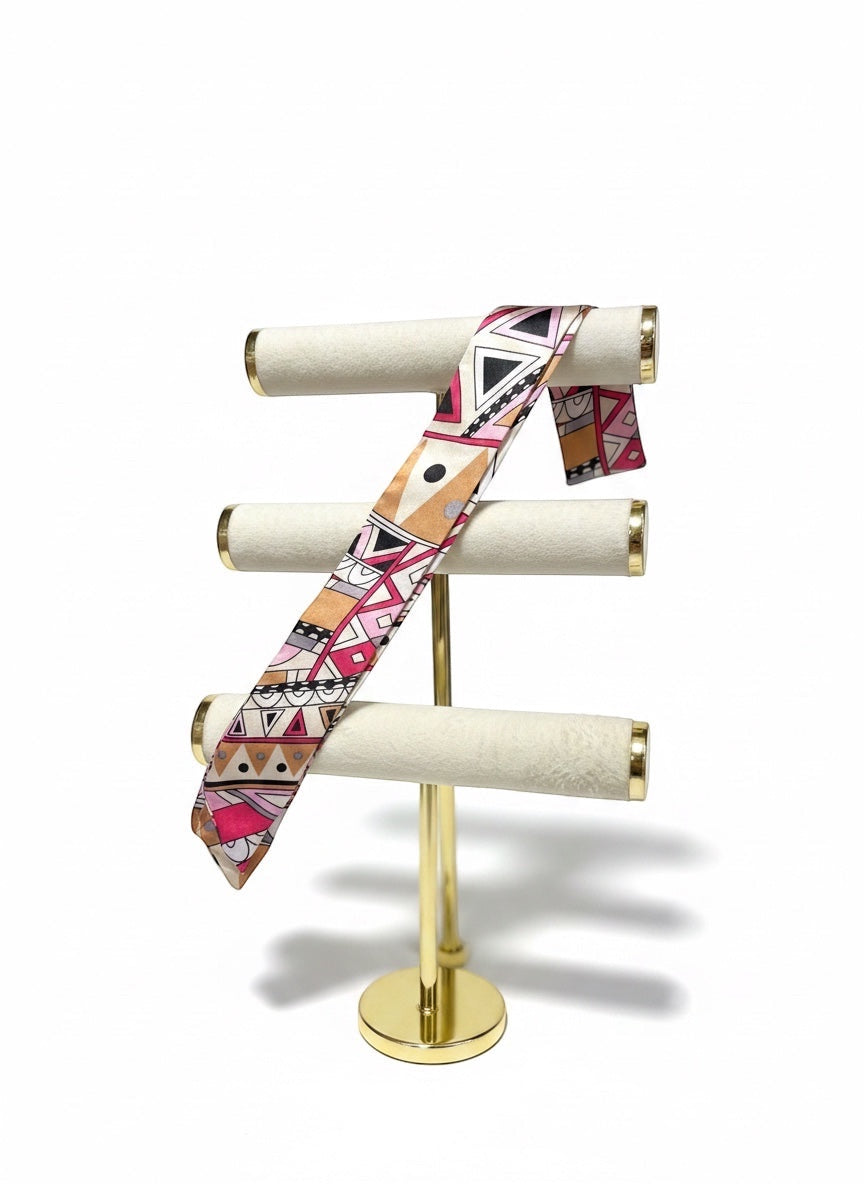 Chic Collective Marrakech Muse Ribbon Tie in blush pink, magenta, camel, black, and lavender geometric print silk.