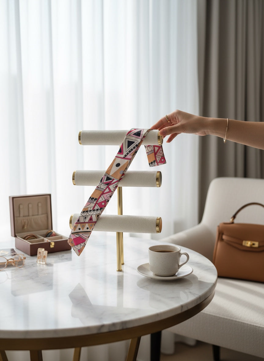 Chic Collective Marrakech Muse Ribbon Tie in blush pink, magenta, camel, black, and lavender geometric print silk.