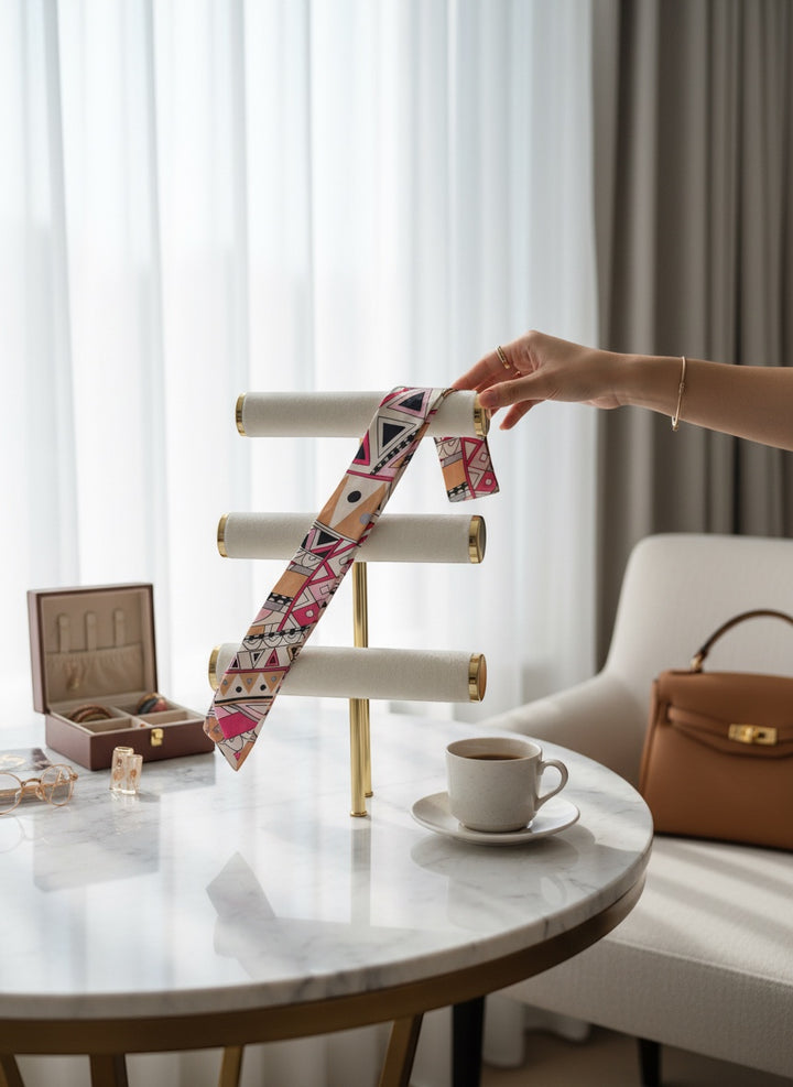 Chic Collective Marrakech Muse Ribbon Tie in blush pink, magenta, camel, black, and lavender geometric print silk.