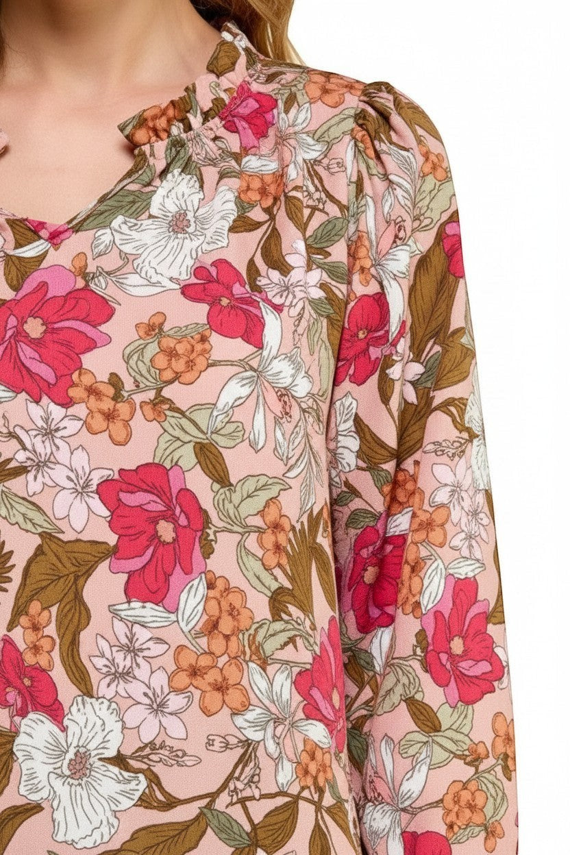 Chic Collective Les Amis Mauve Floral Top L. Pink blouse with a ruffled neckline and puffed sleeves, featuring a vibrant floral print.