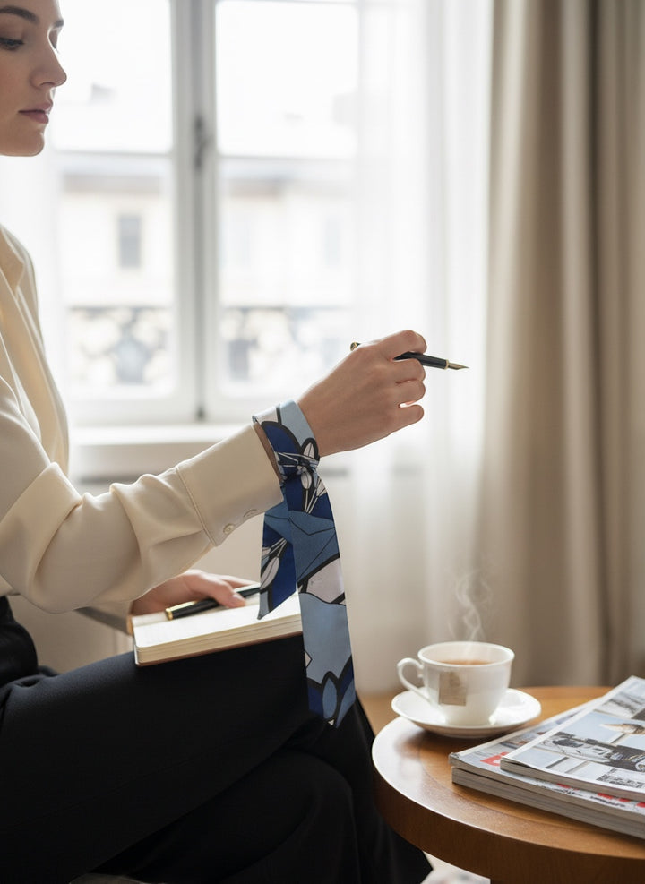 Chic Collective Midnight Bloom Ribbon Tie, a silky accessory with abstract floral details in navy, powder blue, ivory, and black, worn on a wrist.