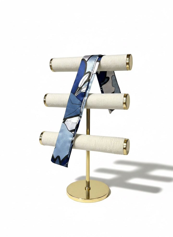 Chic Collective Midnight Bloom Ribbon Tie, navy, powder blue, ivory, black abstract floral satin scarf.