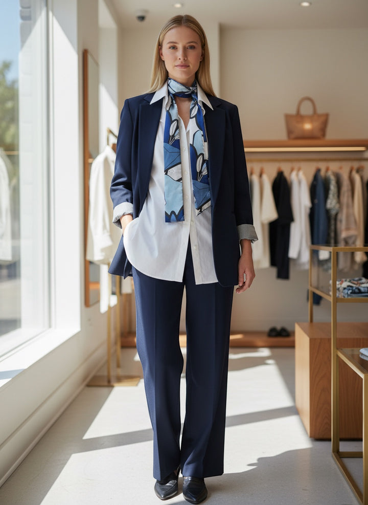Chic Collective Midnight Bloom Ribbon Tie scarf with abstract floral detailing in navy, powder blue, ivory, and black.