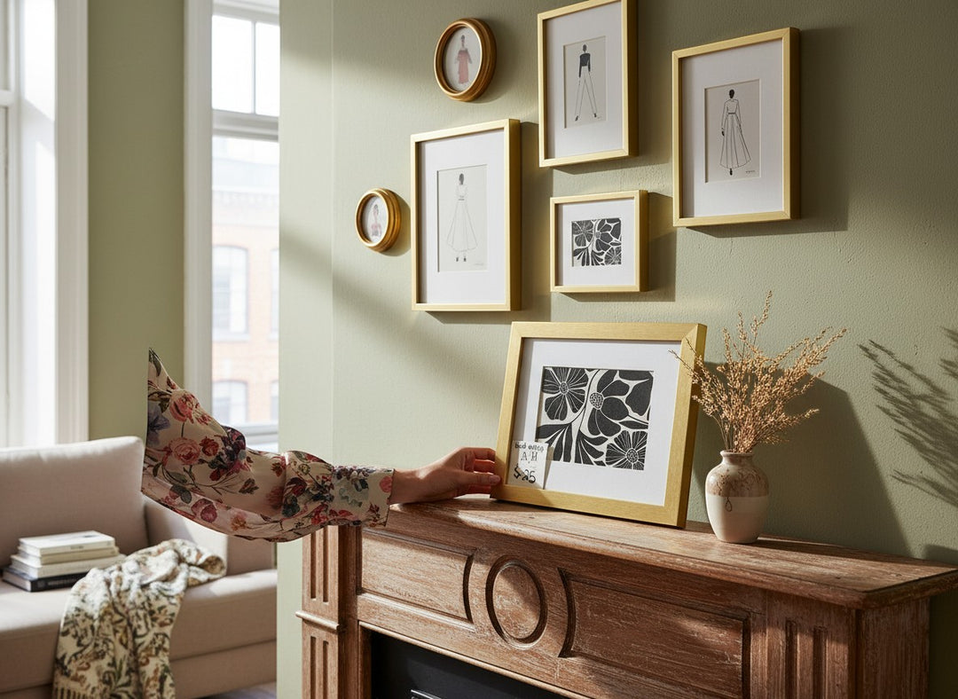 Chic Collective Midnight Botanica framed art print with black and ivory floral design, gold frame.