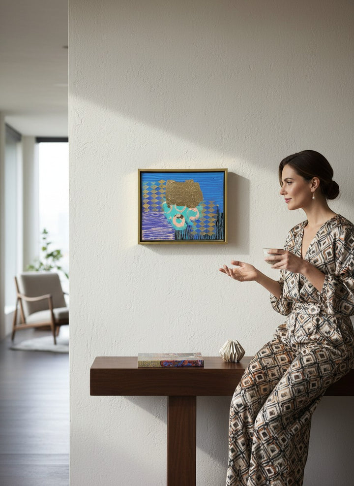 Chic Collective Midnight Current abstract art with cobalt, indigo, and gold details. Modern wall art.