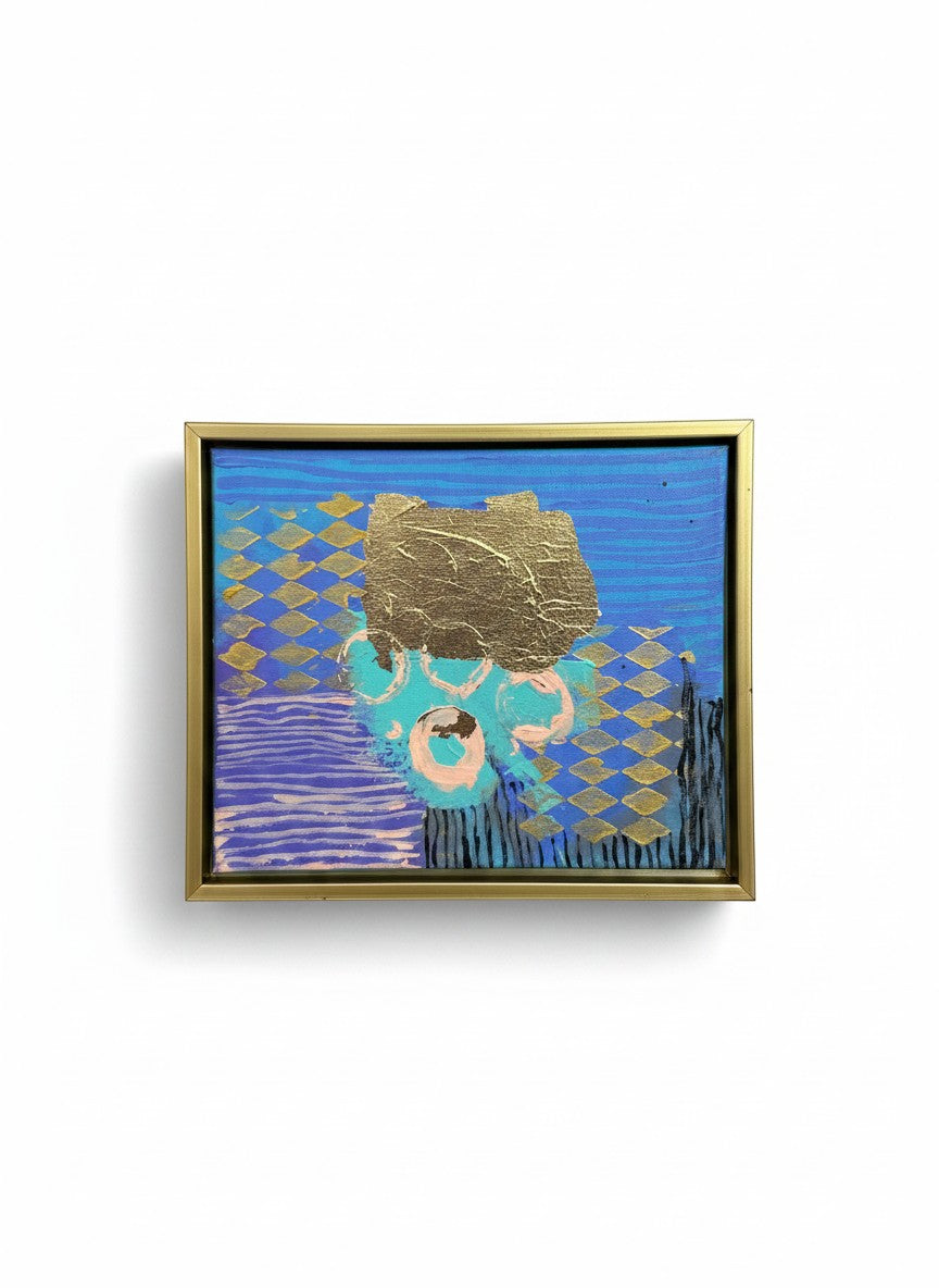 Chic Collective Midnight Current abstract painting with cobalt, indigo, gold, and pink circular forms. Framed.